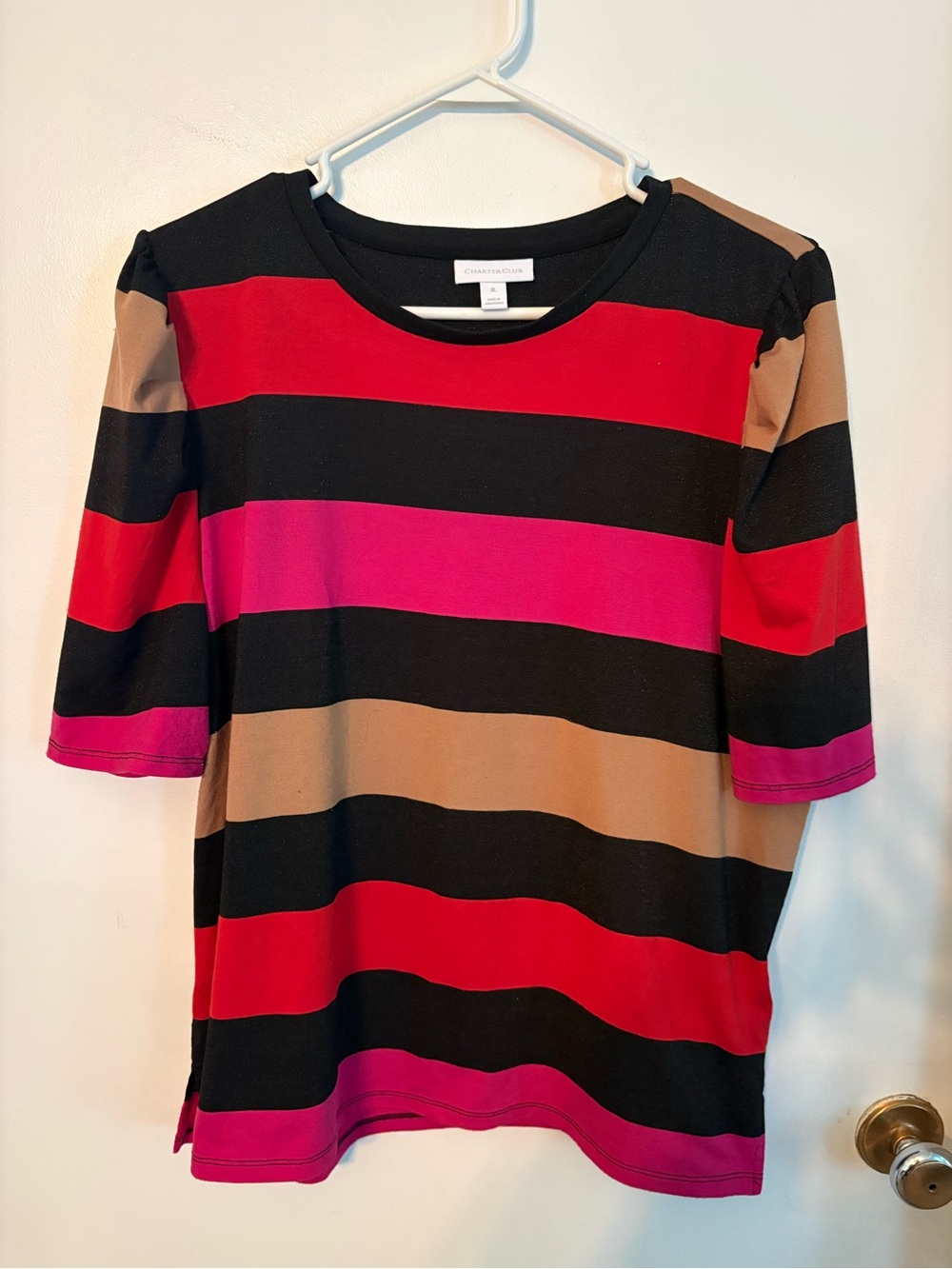 Navy Red Pink Tan Striped Crewneck Top
